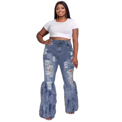 Jean extensible déchiré en laine artificielle avec perles