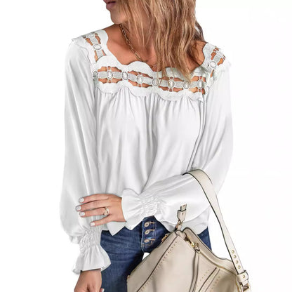 Loose Pullover Shirt Hollow Out Lace-collared Blouse Women