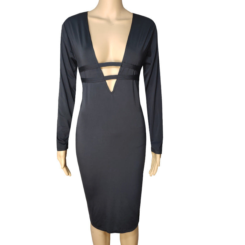 Women's Long Sleeve Deep V Sheath Dress