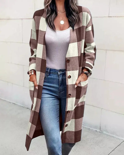 Nouveau cardigan ample en laine à carreaux avec poches et boutons pour femmes