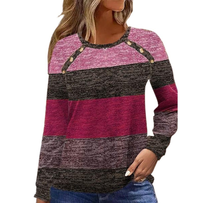 Color Block Printed Button Long Sleeve Round Neck T-shirt