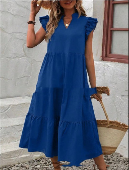 V-neck Ruffle Short Sleeve Solid Color Casual Dress