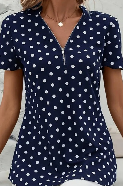 Polka Dots Print V Neck Blouse, Elegant Zipper Front Short Sleeve Blouse For Spring & Summer, Women's Clothing