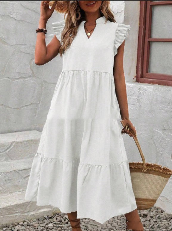 V-neck Ruffle Short Sleeve Solid Color Casual Dress