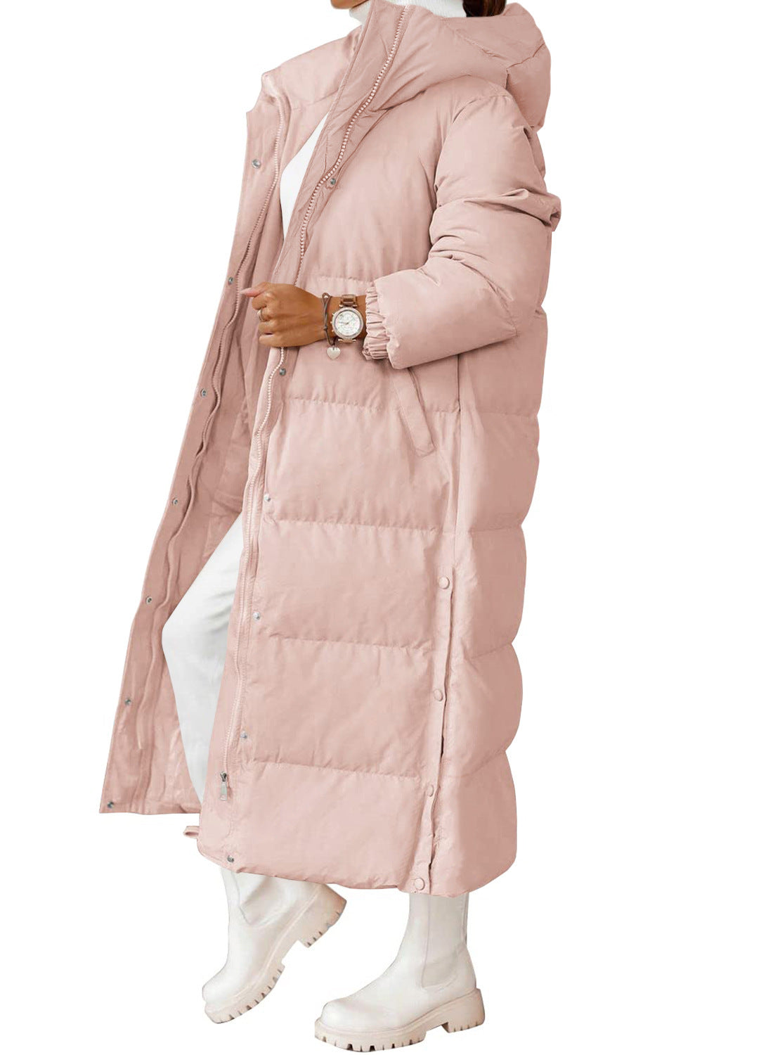 Manteau long élégant en coton rembourré à capuche de couleur unie pour femme, manteau à manches longues avec poche zippée