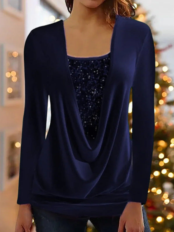 Pure Color Sequins Stitching U-neck Long-sleeved Elegant Casual T-shirt Top