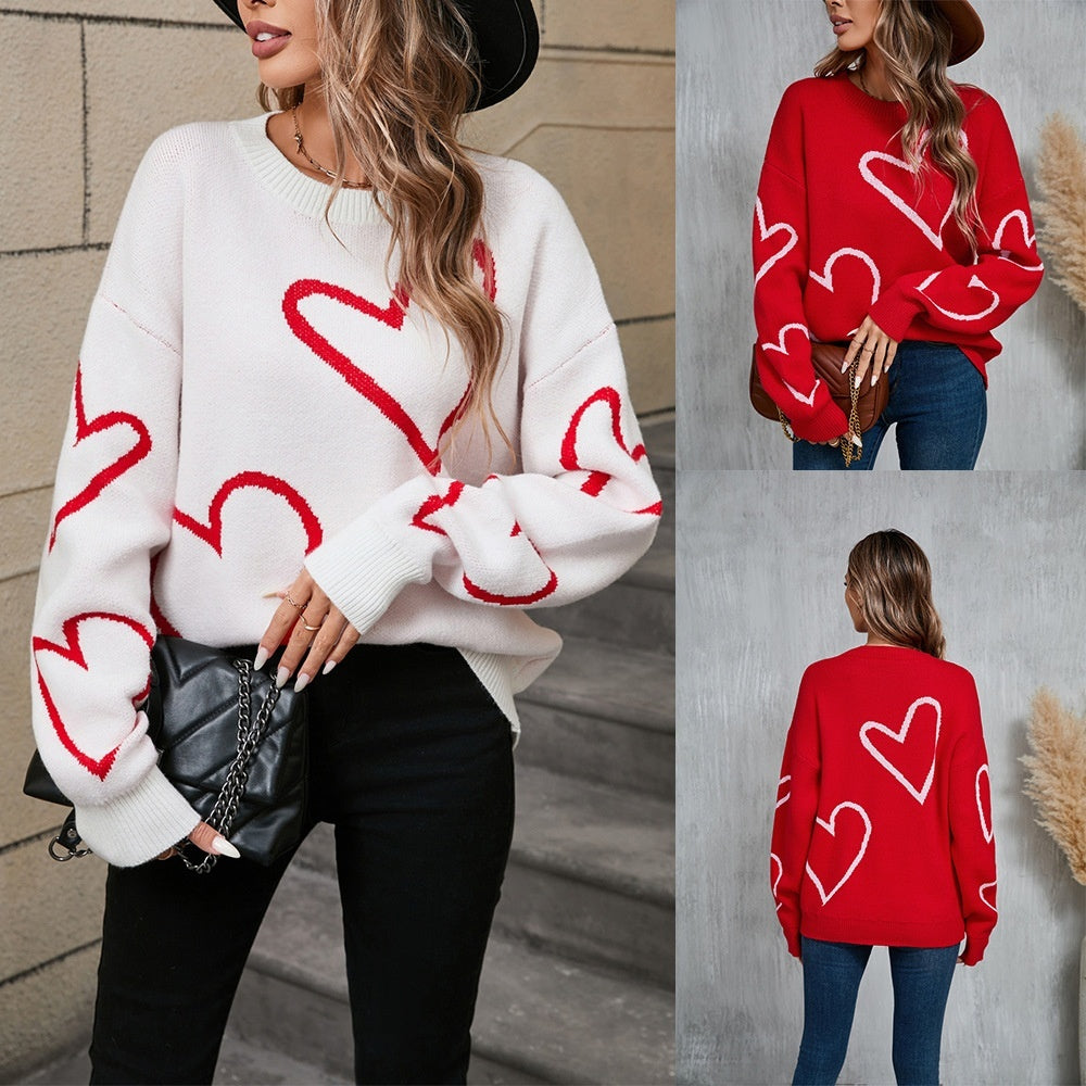 Weibliche Mit Herzen Valentinstag Pullover Große Pfirsich Herz Kontrast Farbe Pullover