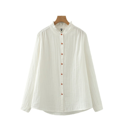 Chemise blanche à manches longues en fil de coton double couche avec dentelle et boucle colorée