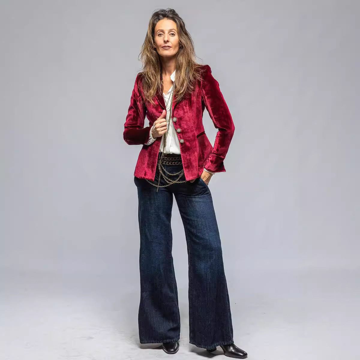 Veste de costume en velours doré gracieux et assorti pour femme, style rétro européen et américain, avec poches et manches longues