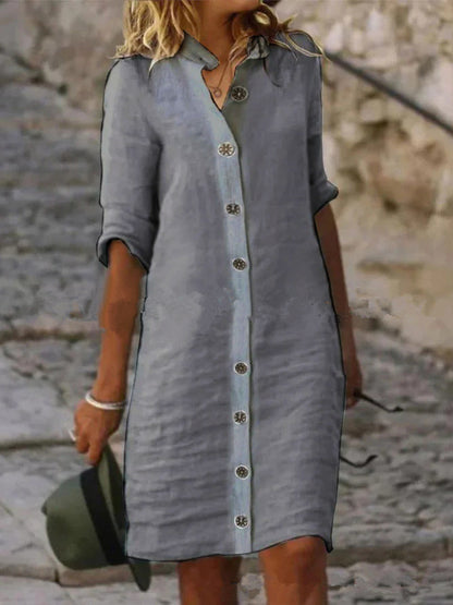 Shirt Collar Half Sleeve Large Round Buckle Cotton And Linen Dress