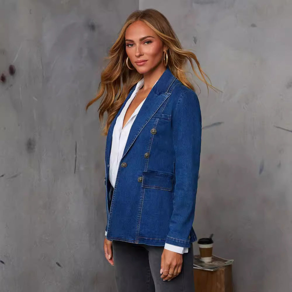 Manteau de costume décontracté en denim bleu pour femme