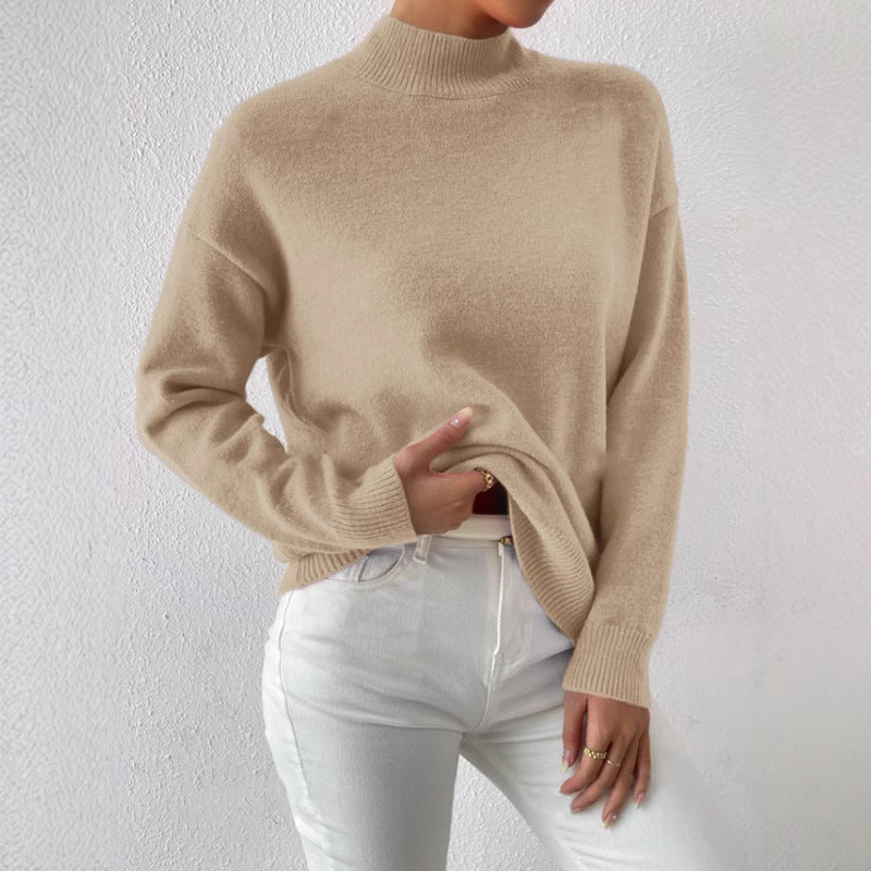 Pull col mi-haut pour femme, haut tricoté ample de couleur unie, à la mode, automne et hiver