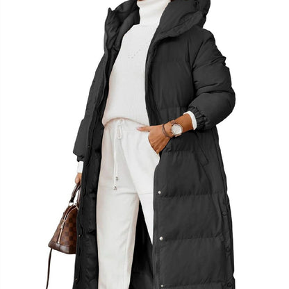 Manteau long élégant en coton rembourré à capuche de couleur unie pour femme, manteau à manches longues avec poche zippée