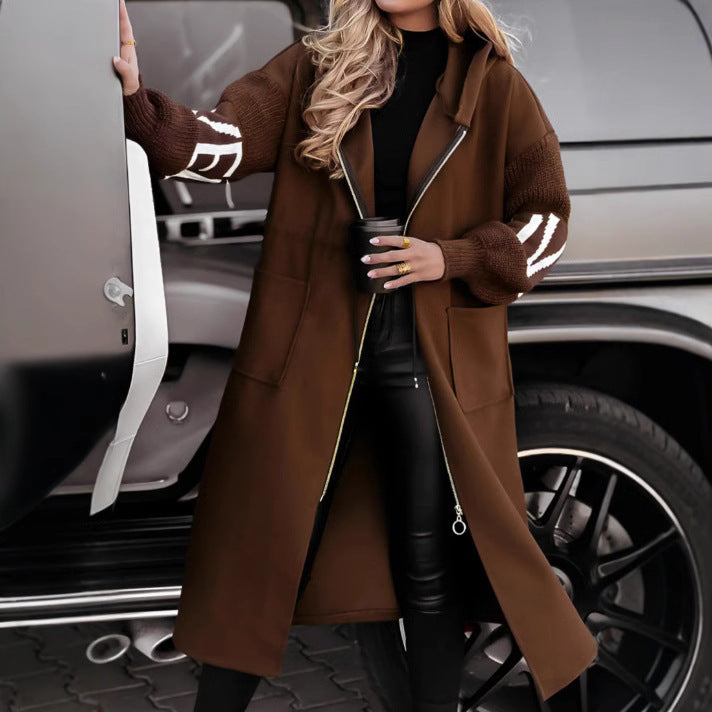 Windjacke mit Kapuze, lange Jacke mit Taschen und Kordelzug, einfarbiger Trenchcoat mit Strickärmeln für Damen, Herbst/Winter