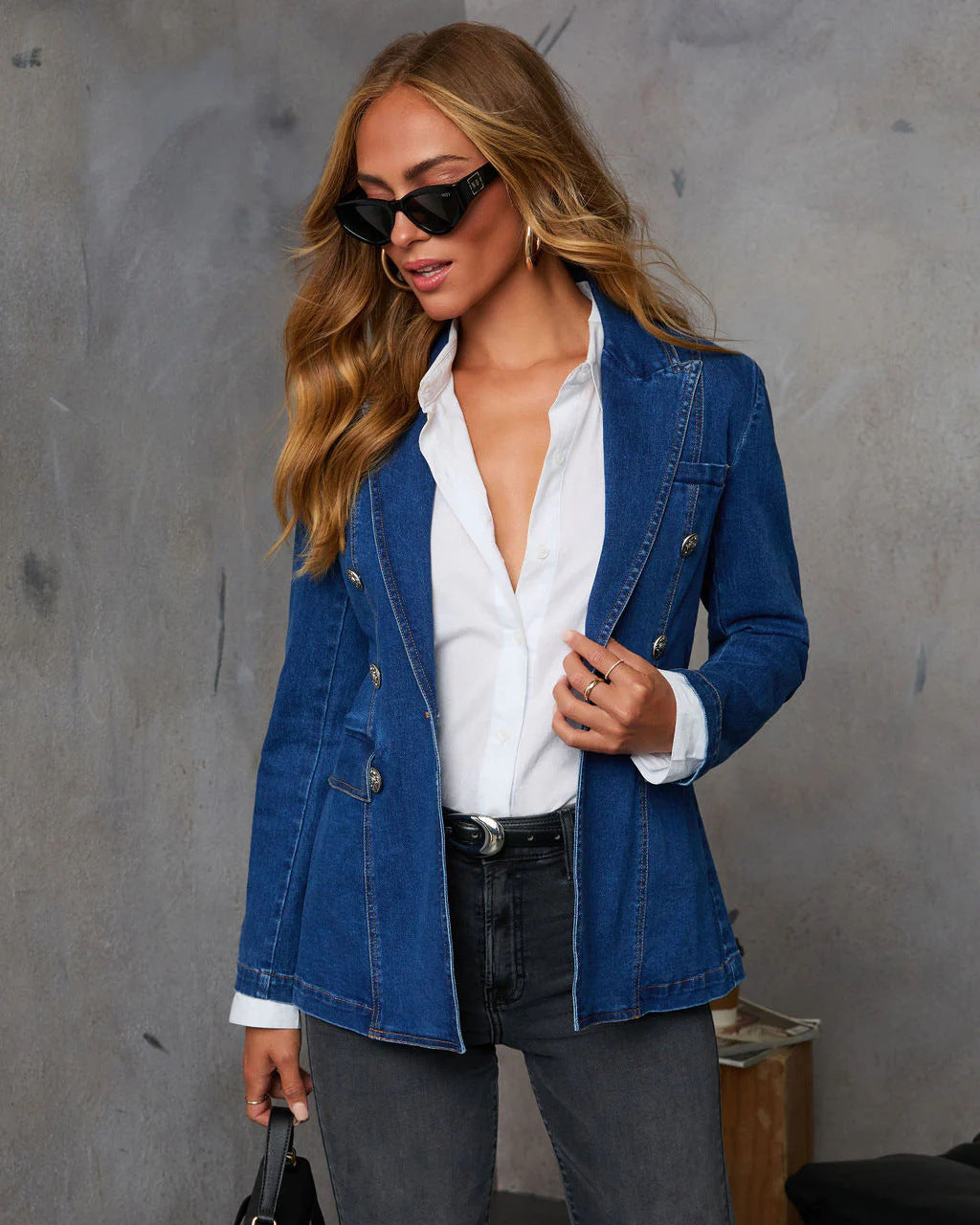 Casual Blue Denim Female Suit Coat