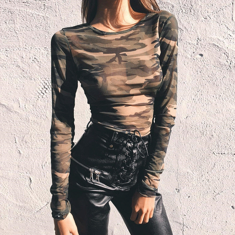 Women's Navel See-through Camouflage T-shirt