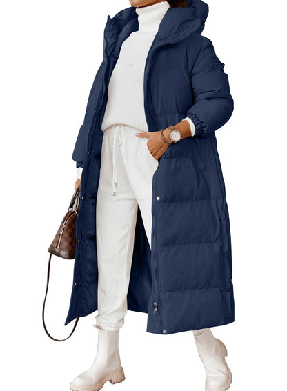 Manteau long élégant en coton rembourré à capuche de couleur unie pour femme, manteau à manches longues avec poche zippée