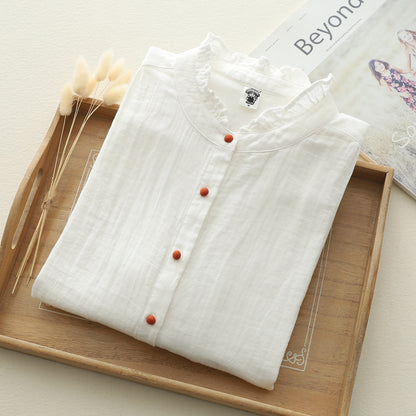 Chemise blanche à manches longues en fil de coton double couche avec dentelle et boucle colorée