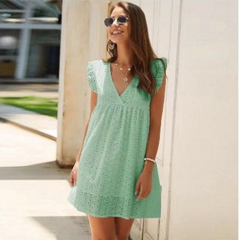 Fashion Women'S Summer V-Neck Cotton Short Skirt Solid Color Dress