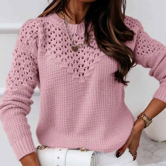 Pure Color Jacquard Hollow Out Stitching Round Neck Elegant Sweater