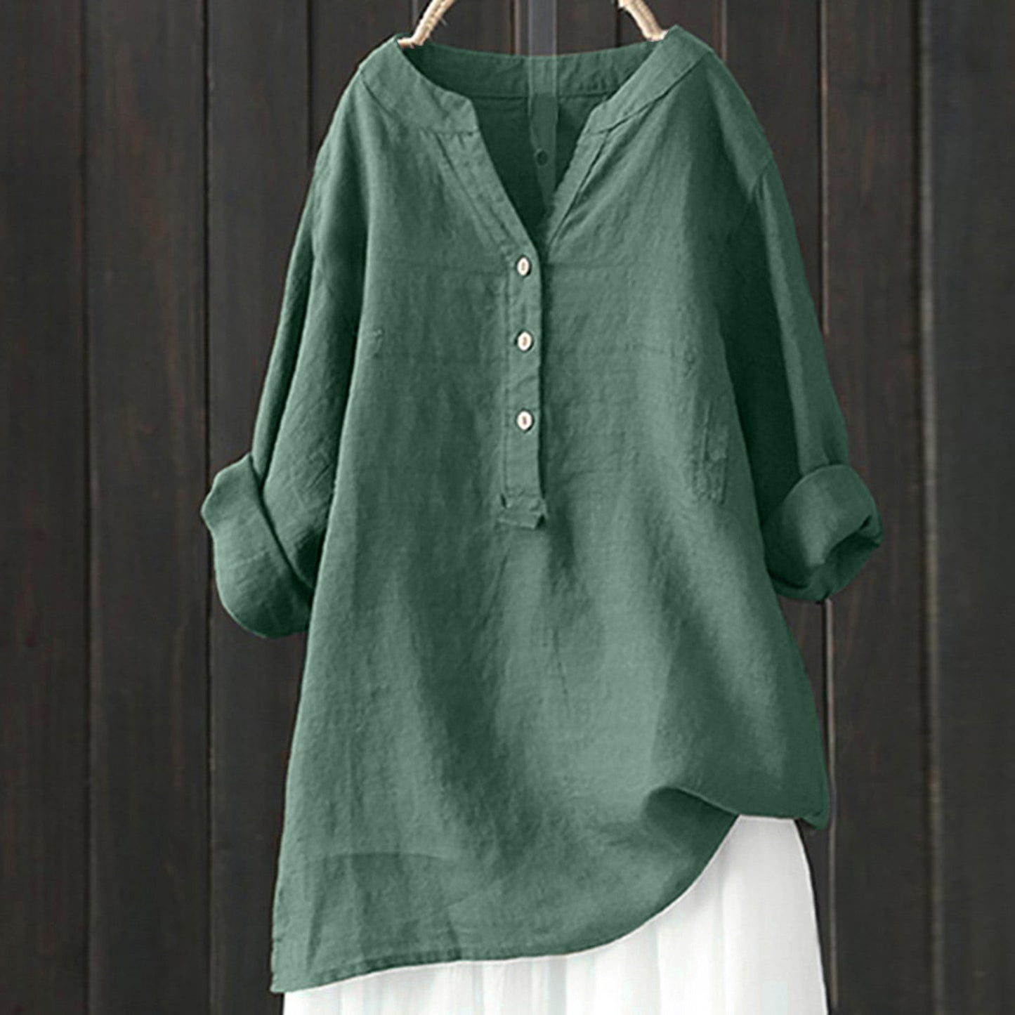 Loose Solid Color Stand Collar Button Long Sleeve Cotton And Linen Top