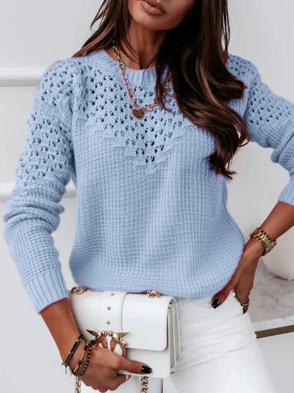 Pure Color Jacquard Hollow Out Stitching Round Neck Elegant Sweater