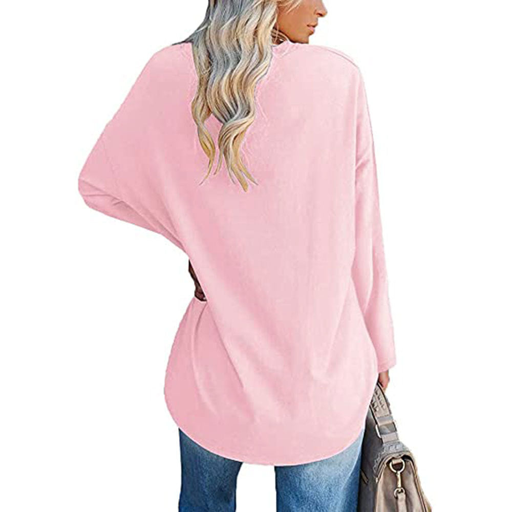 Solid Color Loose Drop Shoulder Sleeve V Neck Long Sleeve Blouse