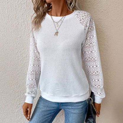 European And American New Pure Color Lace Long Sleeve Hollowed Leisure Women's T-shirt Tops