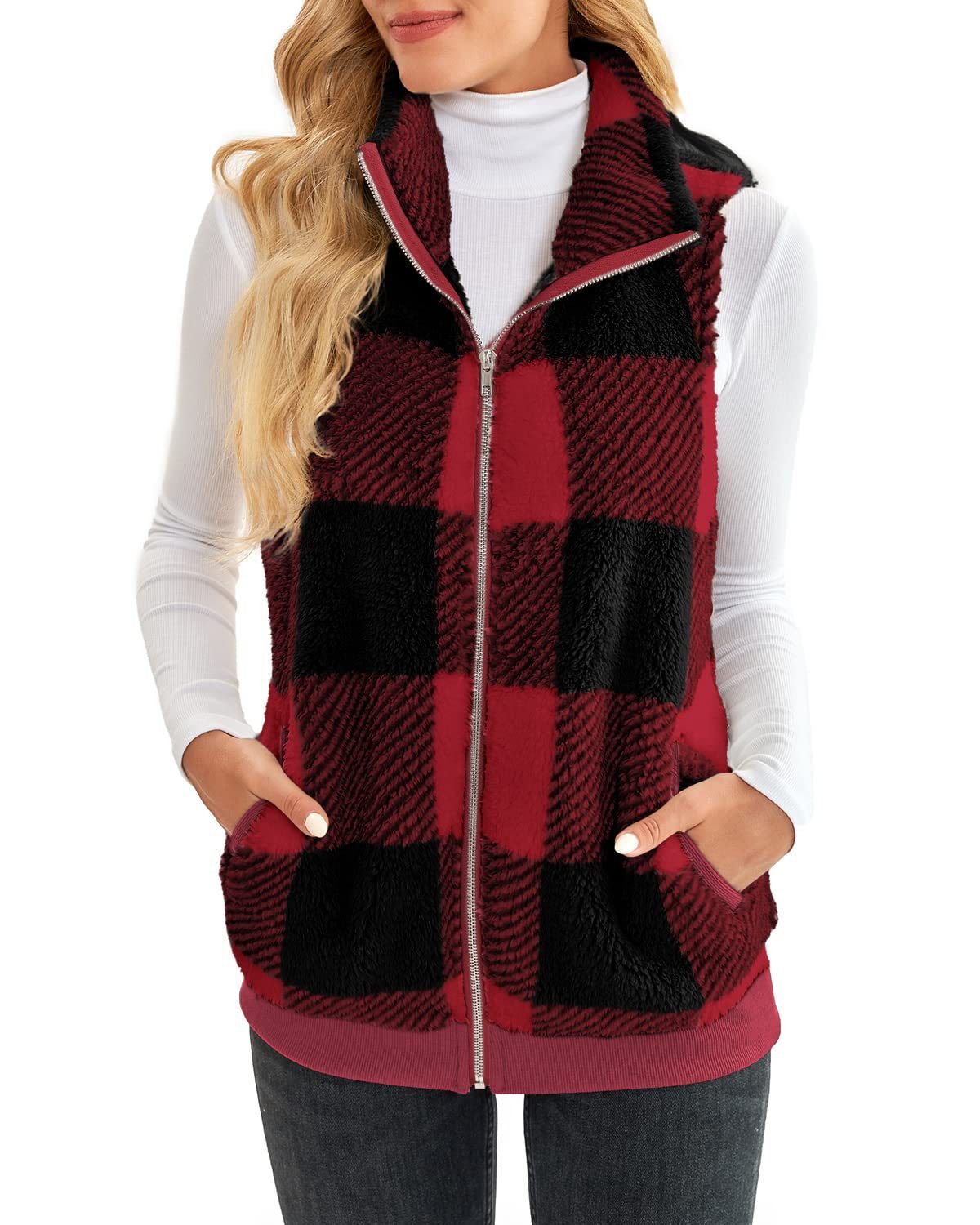 Thick Checks Double-sided Velvet Cardigan Vest Stand Collar Sleeveless Coat