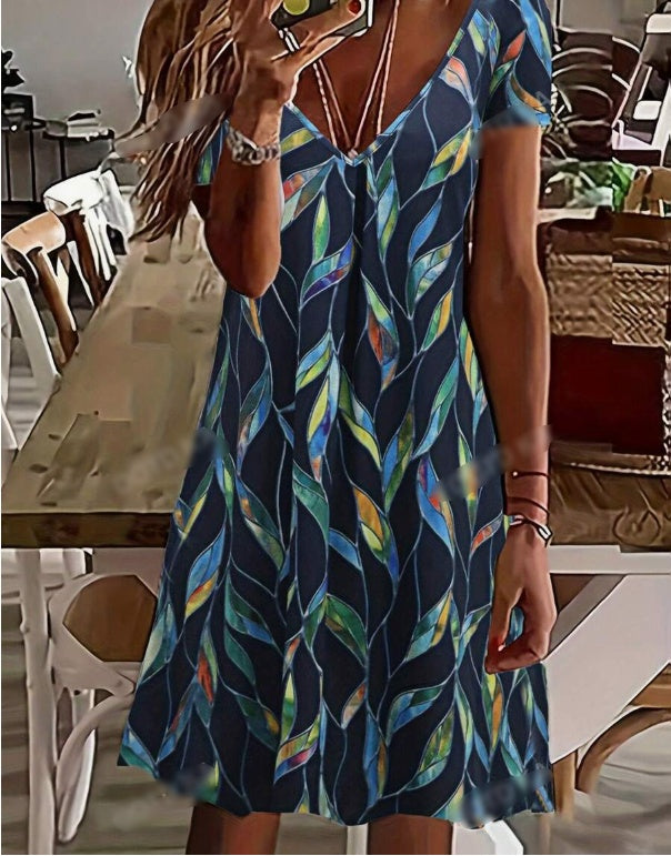 Women'S Casual Resort V-Neck Leaf Print Short-Sleeved Dress