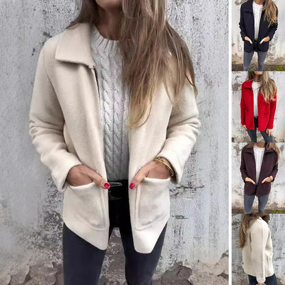 Veste à revers avec fermeture éclair et poches, manteau tendance de couleur unie pour l'automne et l'hiver, vêtements pour femmes