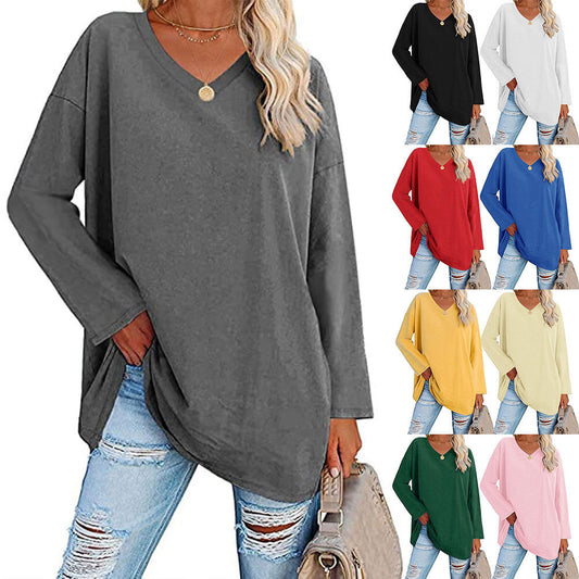 Solid Color Loose Drop Shoulder Sleeve V Neck Long Sleeve Blouse