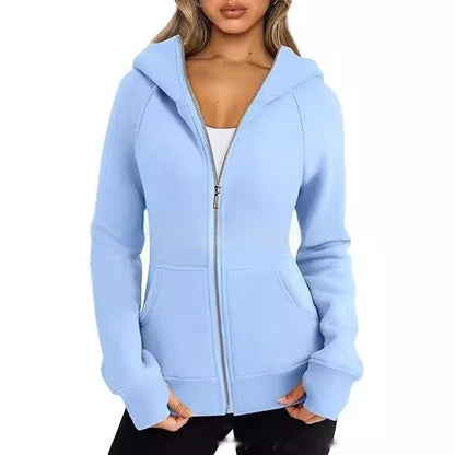 Women's Zipper Short Hood Fleece Lined Solid Color Hoodie Sweater