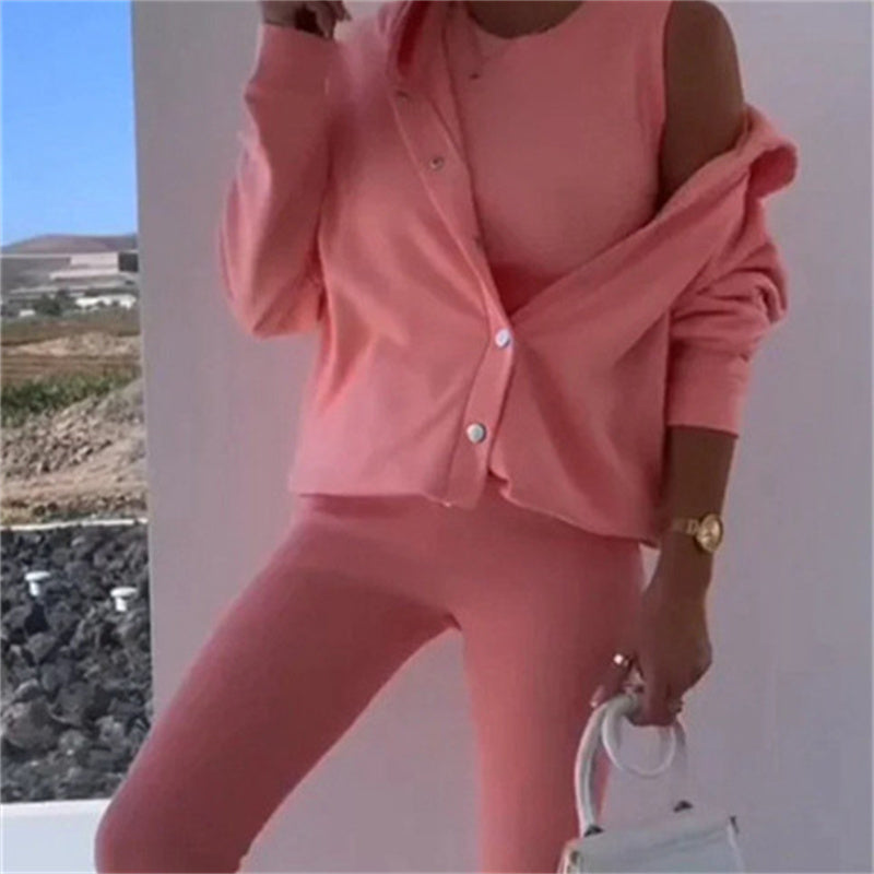 Women's Fashion Sports And Leisure Hooded Sweater Vest Pants Three-piece Set