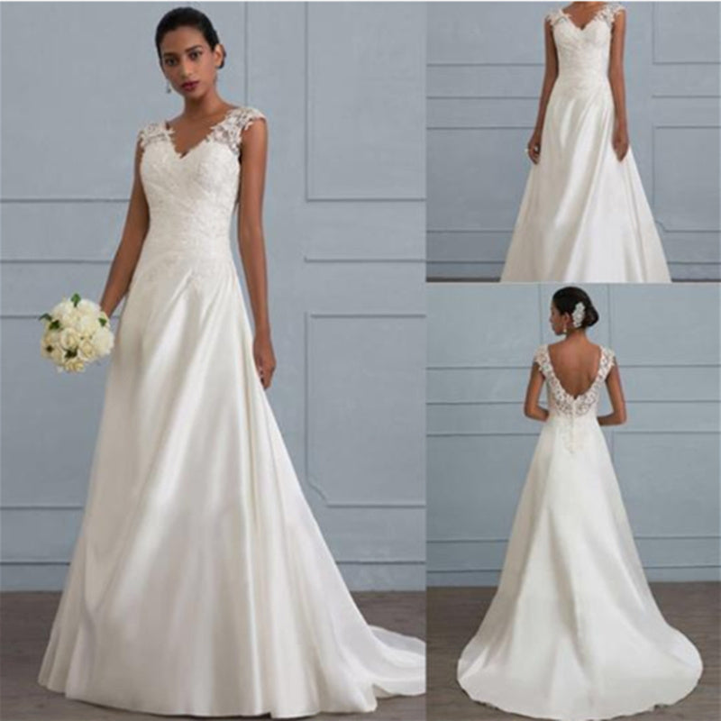 Autumn new white temperament lace dress European wedding bridesmaid backless low collar large size dress long skirt