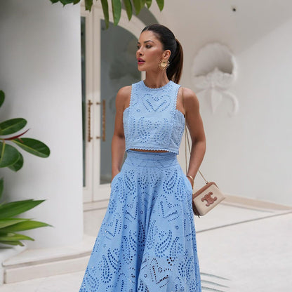 Women's Clothing Elegance Sleeveless Embroidery Lace Long Dress Holiday Suit Two-piece Set