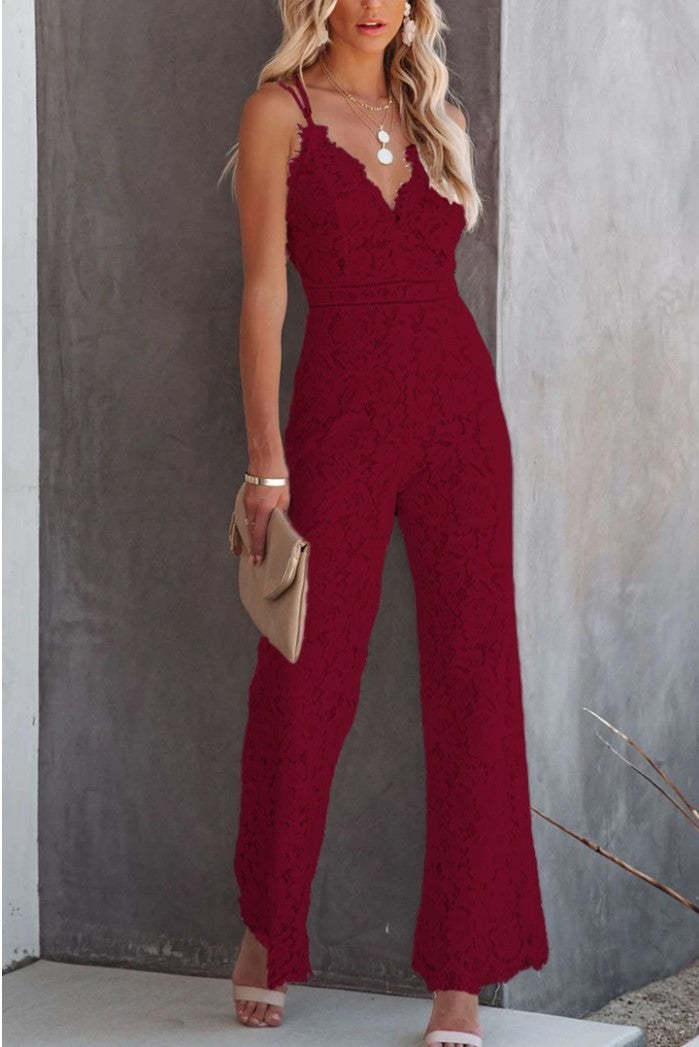 Solid Color Lace Stitching Sleeveless Casual Suspender Jumpsuit