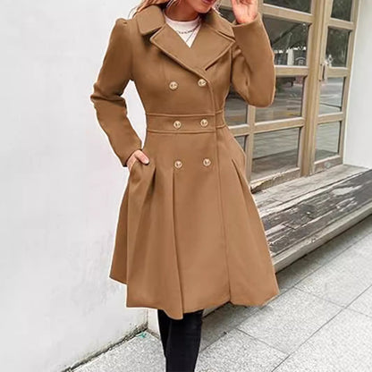 Damen Windjacke Revers Zweireihig Tasche A-Linie Pea Coat