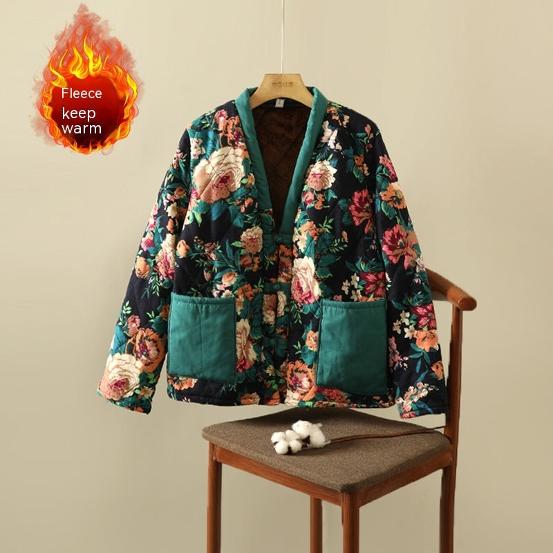 Floral Jacket Ethnic Print Fleece-lined Thickened Cotton-padded Coat Plus Size Women's Clothing