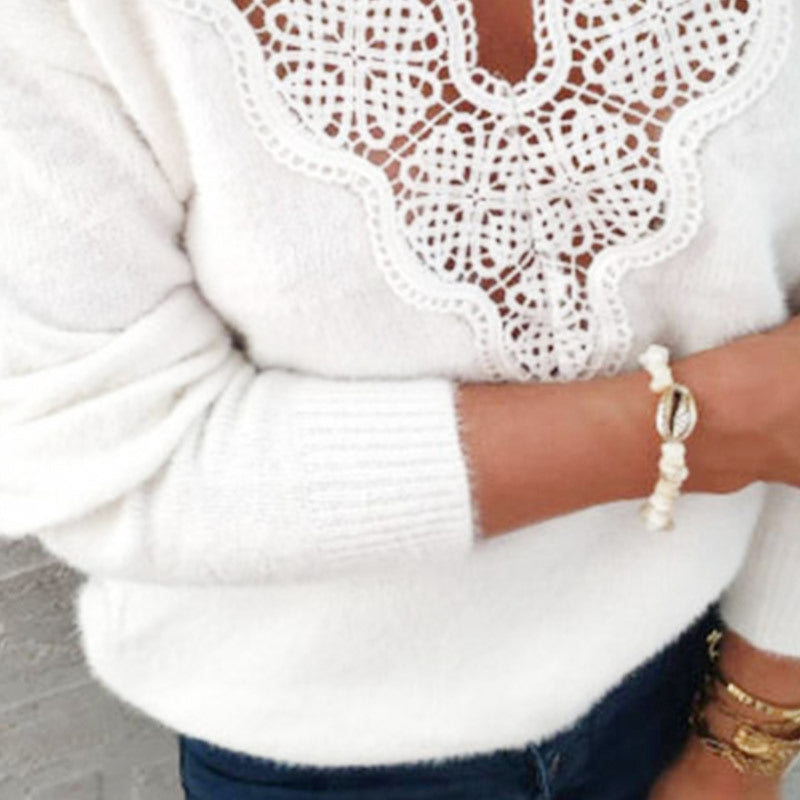 Lace V-neck Sweater White Warm Top