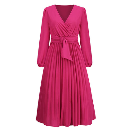 Women's Stylish Temperament Long Sleeves Slim-fit Pleated Belt V-neck Dress