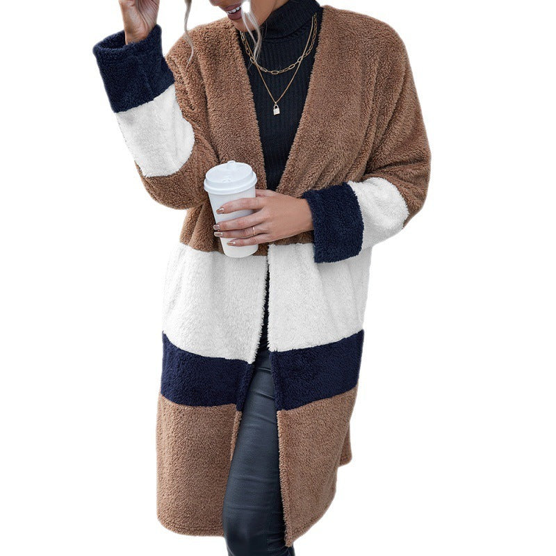 Doppelseitige, mittellange Woll-Cardigan-Windbreakerjacke mit Farbblockierung