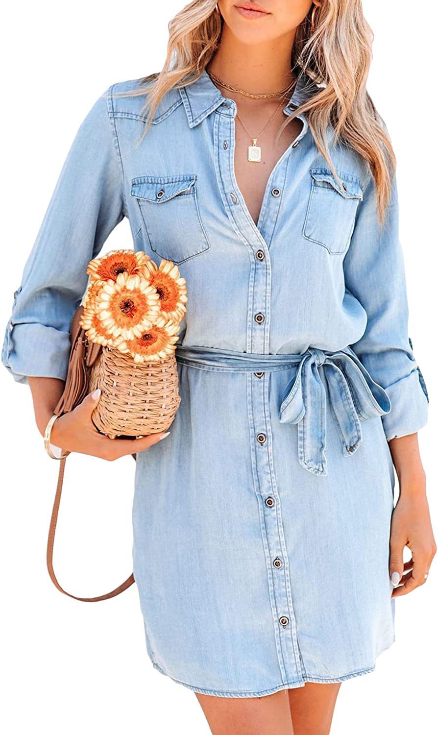 Women's Lapel Long Sleeve Lace-up Denim Dress