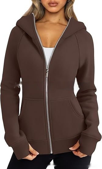 Women's Zipper Short Hood Fleece Lined Solid Color Hoodie Sweater