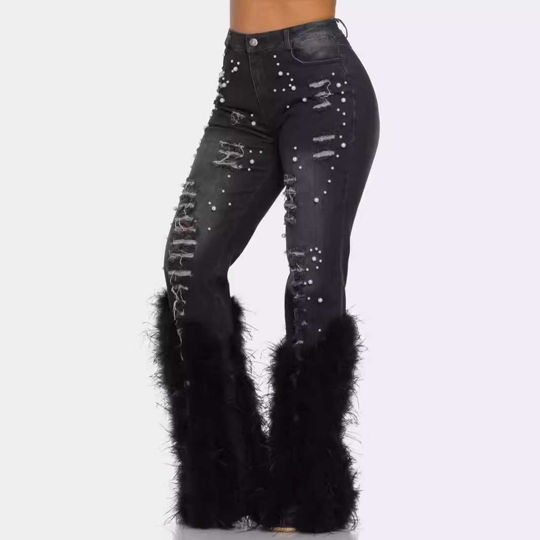 Artificial Wool Ripped Beaded Stretch Jeans