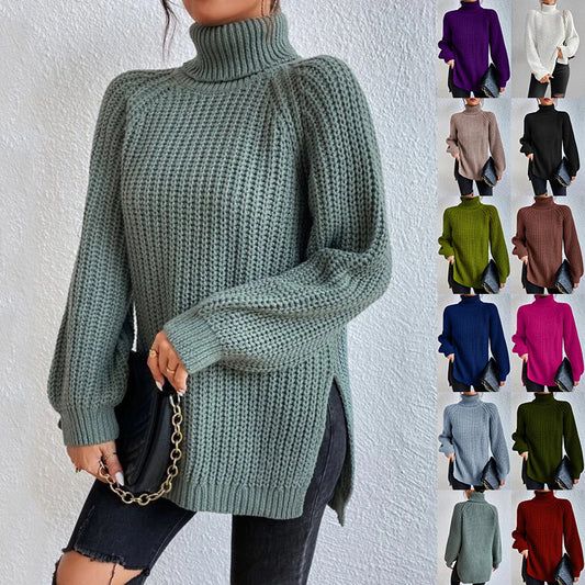 Rollkragenpullover mit geteiltem Design, modisch, schlicht, einfarbig, langärmelig, Oberteile für Damen