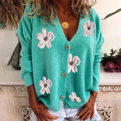 Women's Long-sleeved Cardigan Embroidered V-neck Knitted Sweater