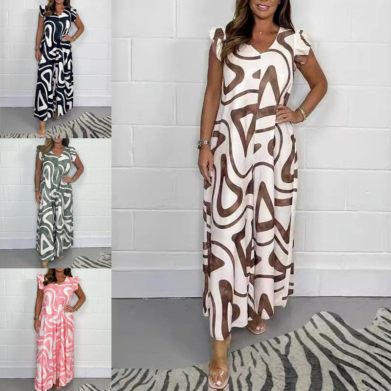 Tied Lotus Leaf Wide Leg Printed Casual Jumpsuit