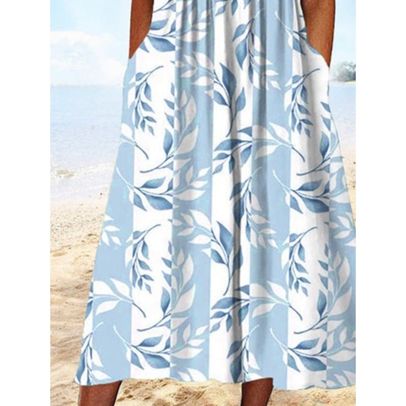 V-neck Printed Short Sleeve Slim Fit Slimming Long Dress