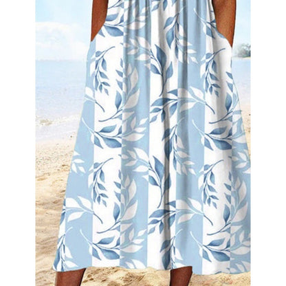 V-neck Printed Short Sleeve Slim Fit Slimming Long Dress